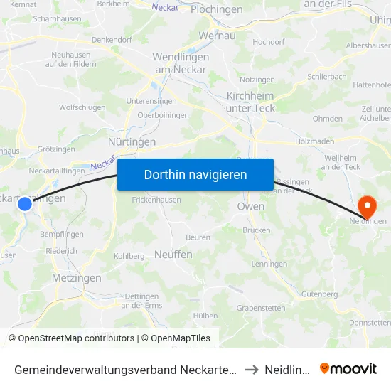 Gemeindeverwaltungsverband Neckartenzlingen to Neidlingen map