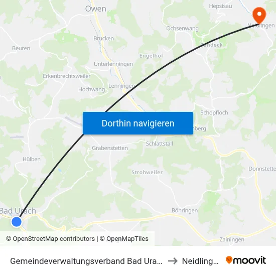 Gemeindeverwaltungsverband Bad Urach to Neidlingen map
