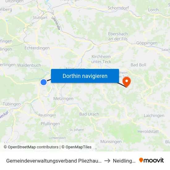 Gemeindeverwaltungsverband Pliezhausen to Neidlingen map