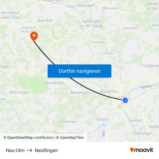 Neu-Ulm to Neidlingen map