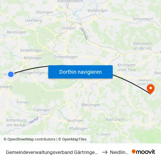 Gemeindeverwaltungsverband Gärtringen/Ehningen to Neidlingen map