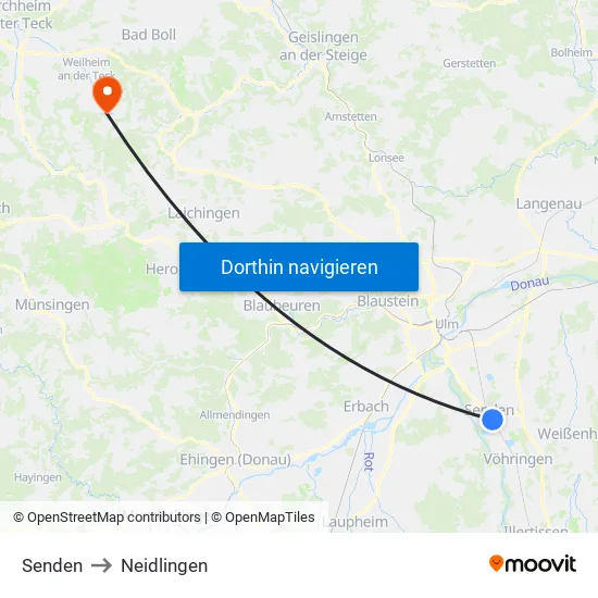 Senden to Neidlingen map