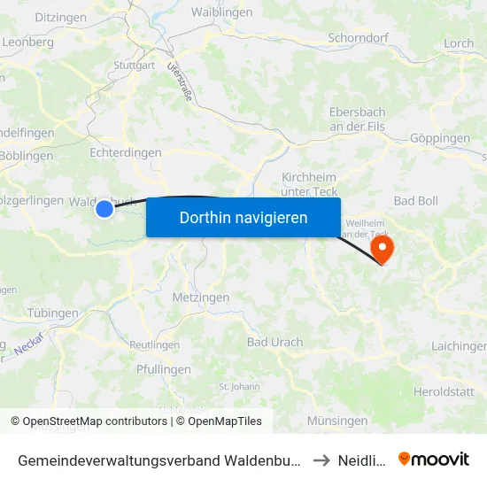 Gemeindeverwaltungsverband Waldenbuch/Steinenbronn to Neidlingen map