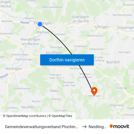 Gemeindeverwaltungsverband Plochingen to Neidlingen map