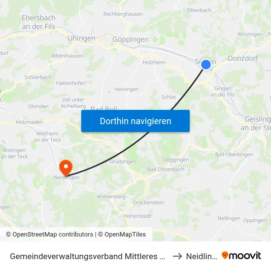 Gemeindeverwaltungsverband Mittleres Fils-Lautertal to Neidlingen map