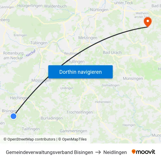 Gemeindeverwaltungsverband Bisingen to Neidlingen map