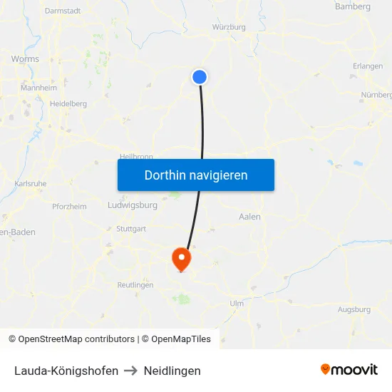 Lauda-Königshofen to Neidlingen map
