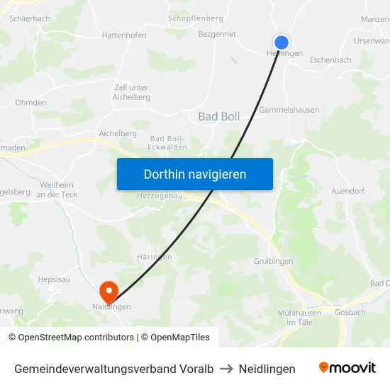 Gemeindeverwaltungsverband Voralb to Neidlingen map