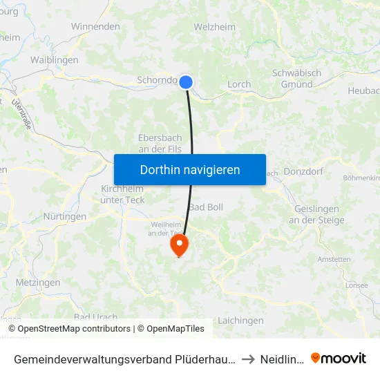 Gemeindeverwaltungsverband Plüderhausen-Urbach to Neidlingen map