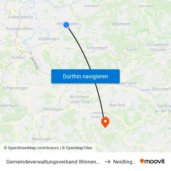 Gemeindeverwaltungsverband Winnenden to Neidlingen map