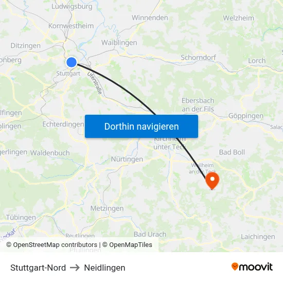 Stuttgart-Nord to Neidlingen map