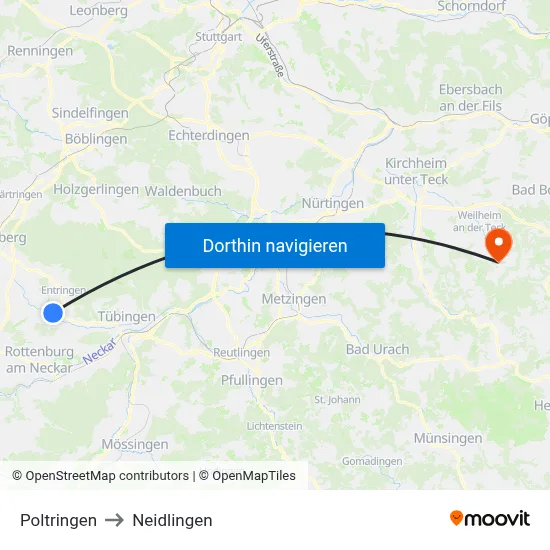 Poltringen to Neidlingen map