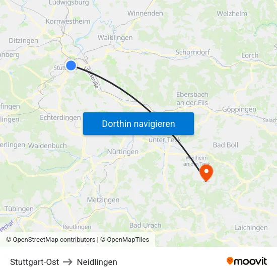 Stuttgart-Ost to Neidlingen map