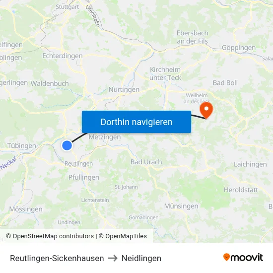 Reutlingen-Sickenhausen to Neidlingen map