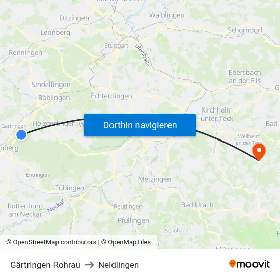 Gärtringen-Rohrau to Neidlingen map