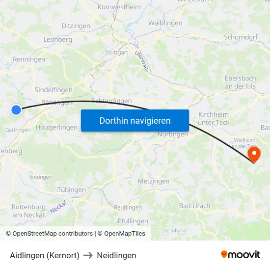 Aidlingen (Kernort) to Neidlingen map