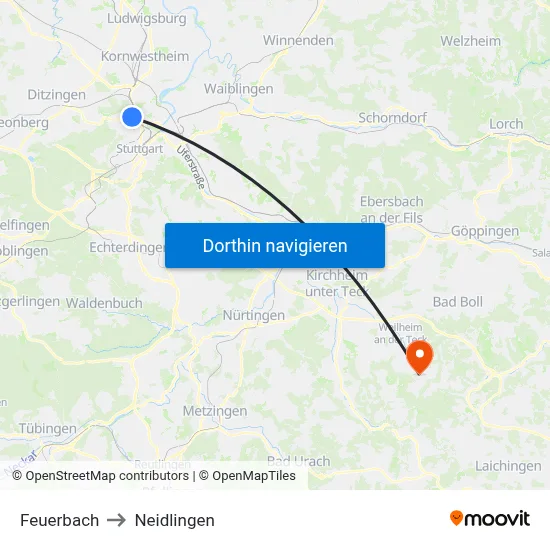 Feuerbach to Neidlingen map