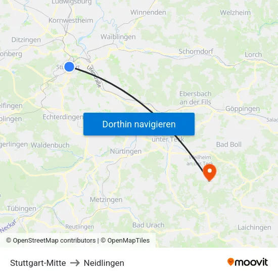Stuttgart-Mitte to Neidlingen map