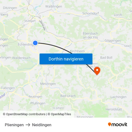Plieningen to Neidlingen map