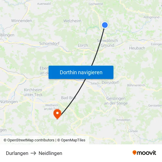 Durlangen to Neidlingen map