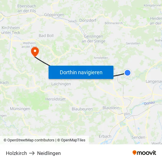 Holzkirch to Neidlingen map