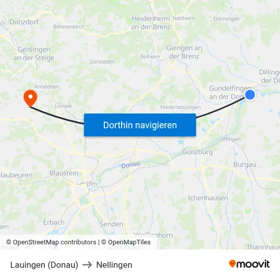 Lauingen (Donau) to Nellingen map