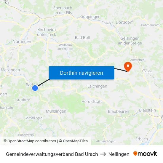 Gemeindeverwaltungsverband Bad Urach to Nellingen map