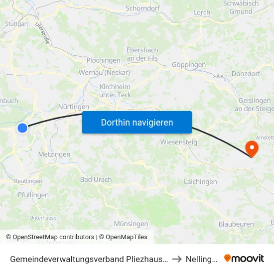 Gemeindeverwaltungsverband Pliezhausen to Nellingen map
