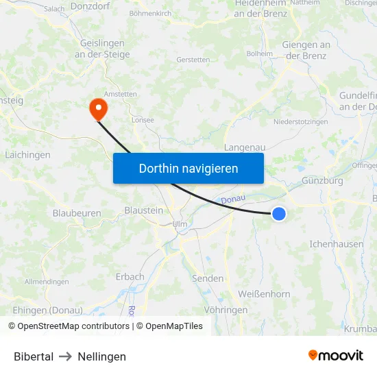 Bibertal to Nellingen map