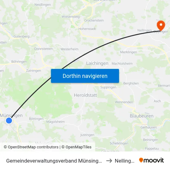 Gemeindeverwaltungsverband Münsingen to Nellingen map