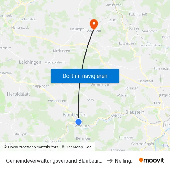 Gemeindeverwaltungsverband Blaubeuren to Nellingen map