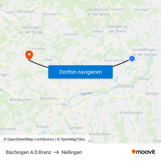 Bächingen A.D.Brenz to Nellingen map