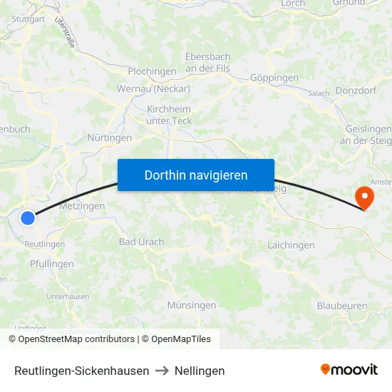 Reutlingen-Sickenhausen to Nellingen map