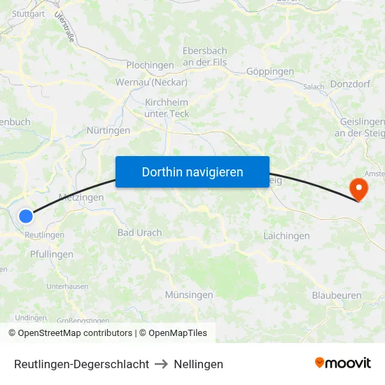 Reutlingen-Degerschlacht to Nellingen map