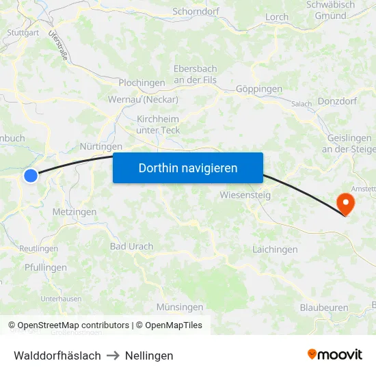 Walddorfhäslach to Nellingen map
