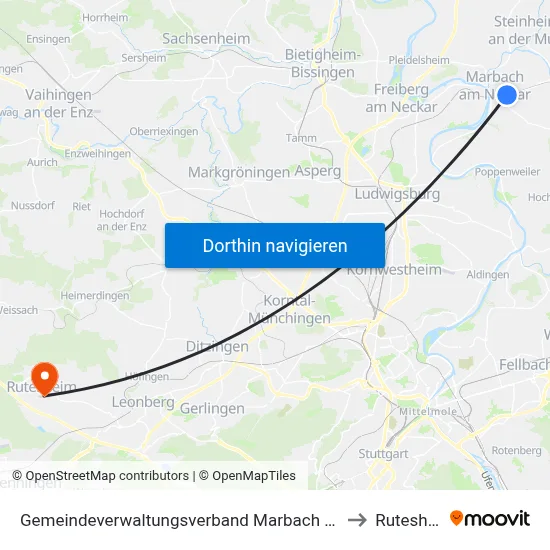 Gemeindeverwaltungsverband Marbach am Neckar to Rutesheim map