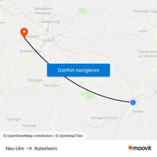 Neu-Ulm to Rutesheim map