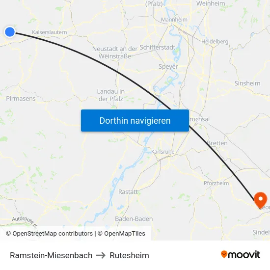 Ramstein-Miesenbach to Rutesheim map