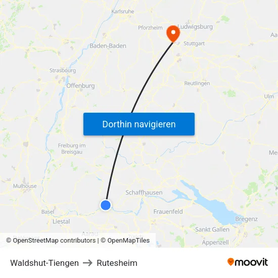 Waldshut-Tiengen to Rutesheim map