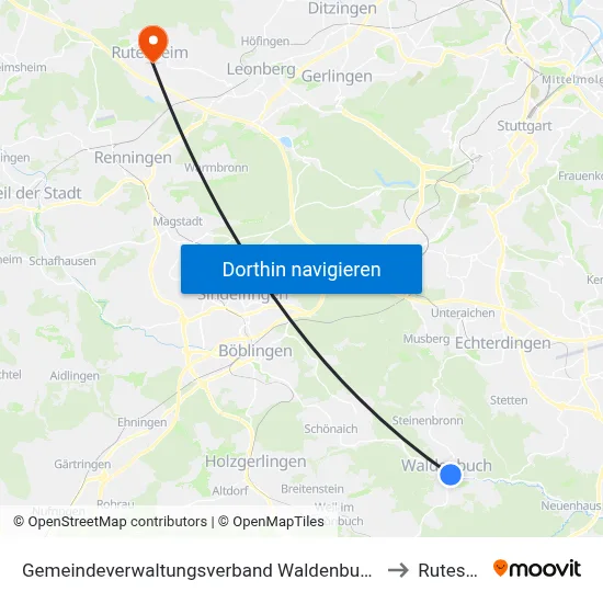 Gemeindeverwaltungsverband Waldenbuch/Steinenbronn to Rutesheim map