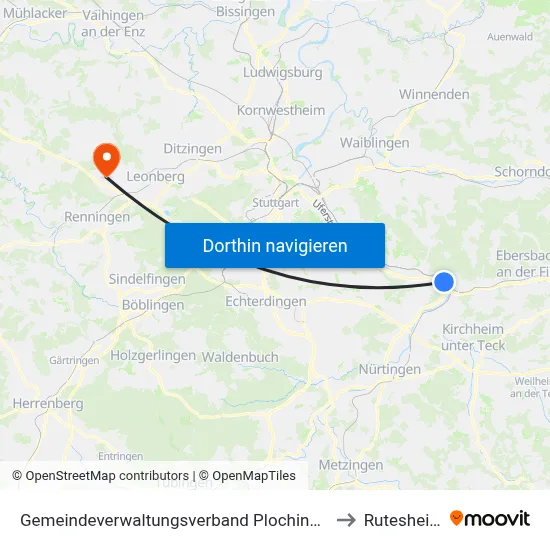 Gemeindeverwaltungsverband Plochingen to Rutesheim map
