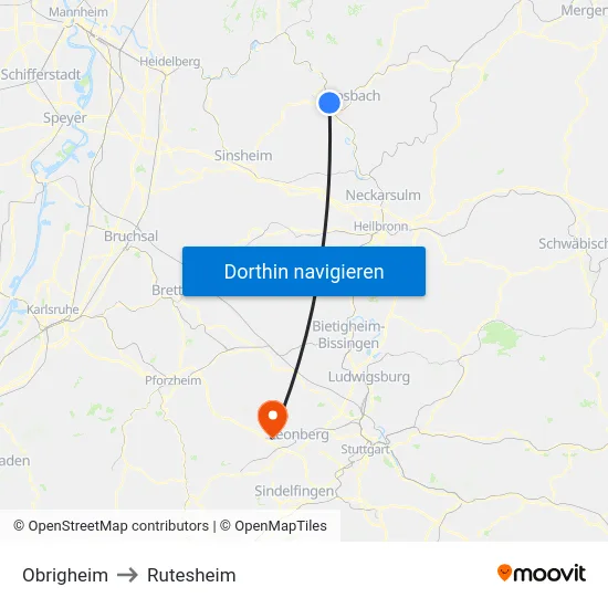 Obrigheim to Rutesheim map