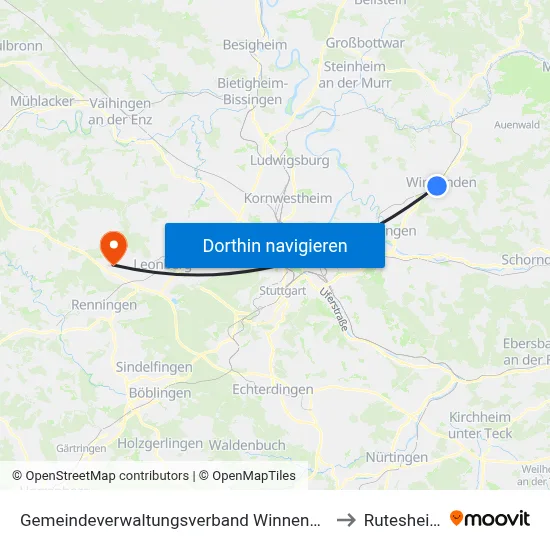Gemeindeverwaltungsverband Winnenden to Rutesheim map