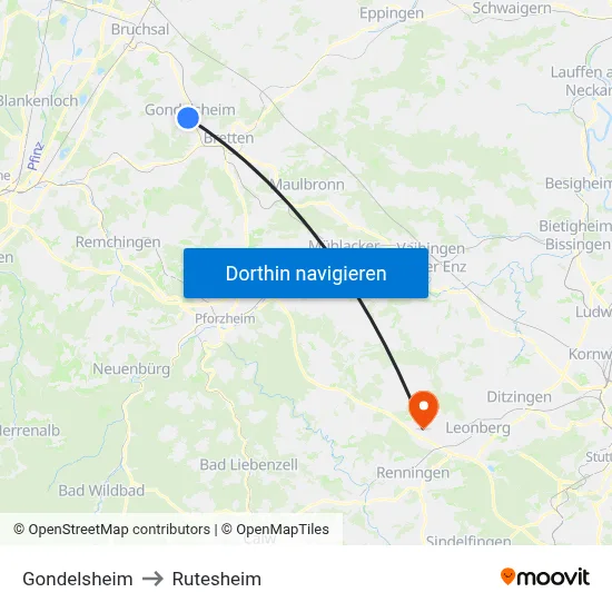 Gondelsheim to Rutesheim map
