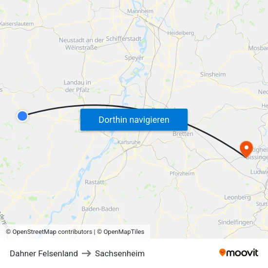 Dahner Felsenland to Sachsenheim map