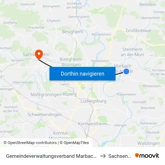 Gemeindeverwaltungsverband Marbach am Neckar to Sachsenheim map