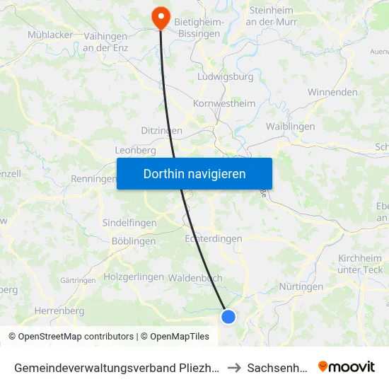 Gemeindeverwaltungsverband Pliezhausen to Sachsenheim map