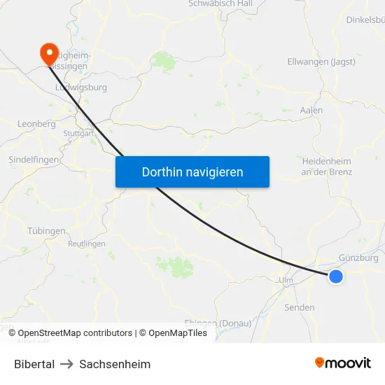 Bibertal to Sachsenheim map