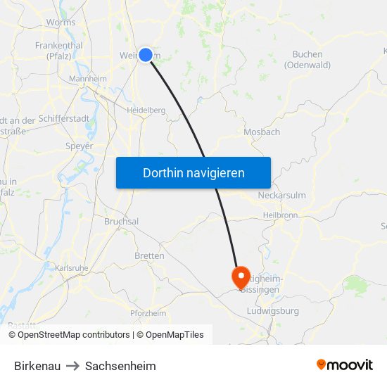 Birkenau to Sachsenheim map