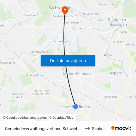 Gemeindeverwaltungsverband Schwieberdingen-Hemmingen to Sachsenheim map